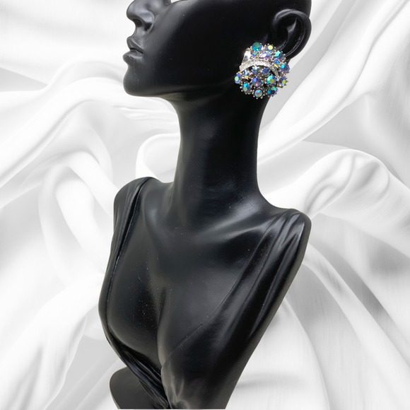 Vtg 1960s ART Aurora Borealis Crystal Silver Tone Earrings Signed Couture Runway - Picture 2 of 6